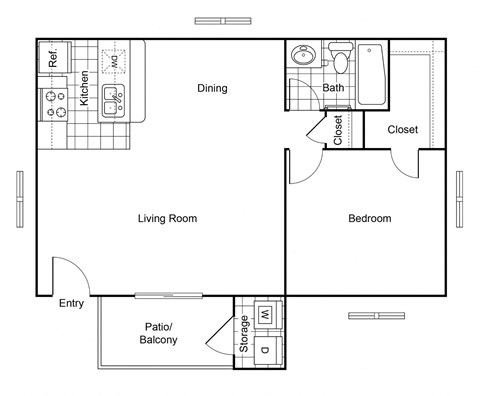 Floor plan for 1 bed, 1 bath, 650 sqft